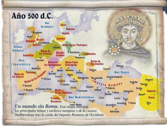 Reparto de Occidente entre los bárbaros a comienzos del reinado de Justiniano.