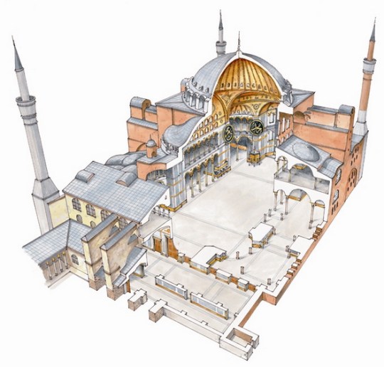 vista axonométrica del interior de Santa Sofía.